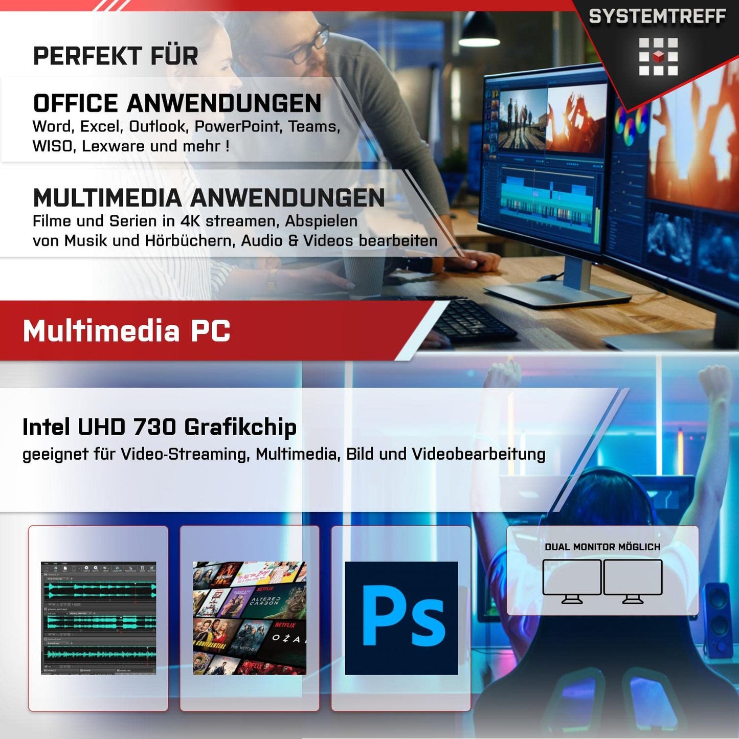 SYSTEMTREFF Office PC Set i5-12400, UHD 730, 16GB DDR4, 512GB SSD, Win11, Silent