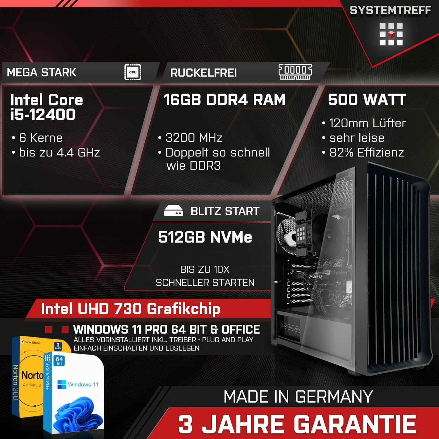 SYSTEMTREFF Office PC Set i5-12400, UHD 730, 16GB DDR4, 512GB SSD, Win11, Silent