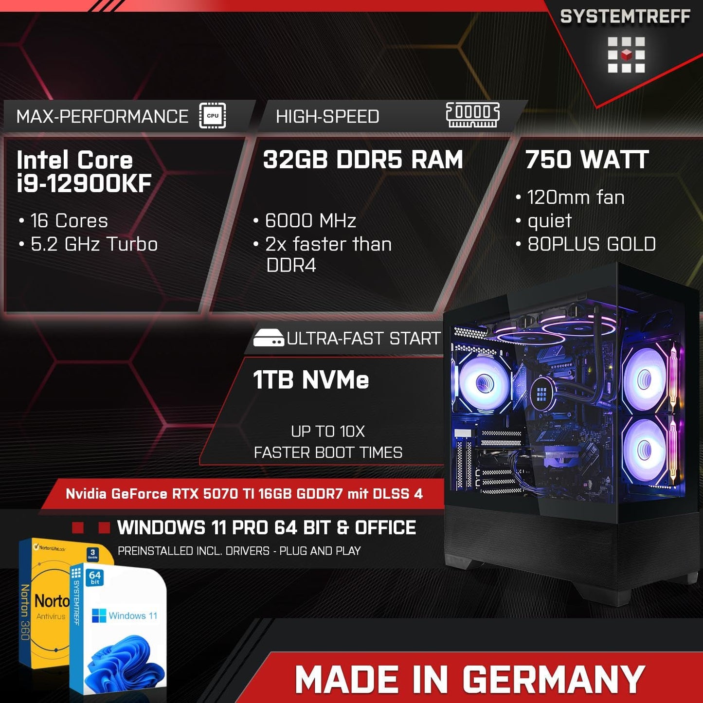 SYSTEMTREFF Gaming PC i9-12900KF, RTX 5070 Ti 16GB, 32GB DDR5, 1TB NVMe, Win11