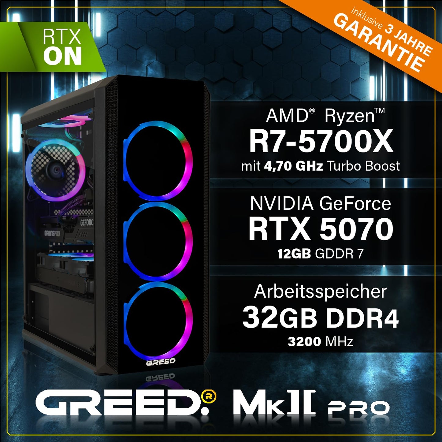 Greed MK2 Pro Gaming PC – Ryzen 7 5700X, RTX 5070 12GB, 32GB DDR4, 1TB SSD, Win11
