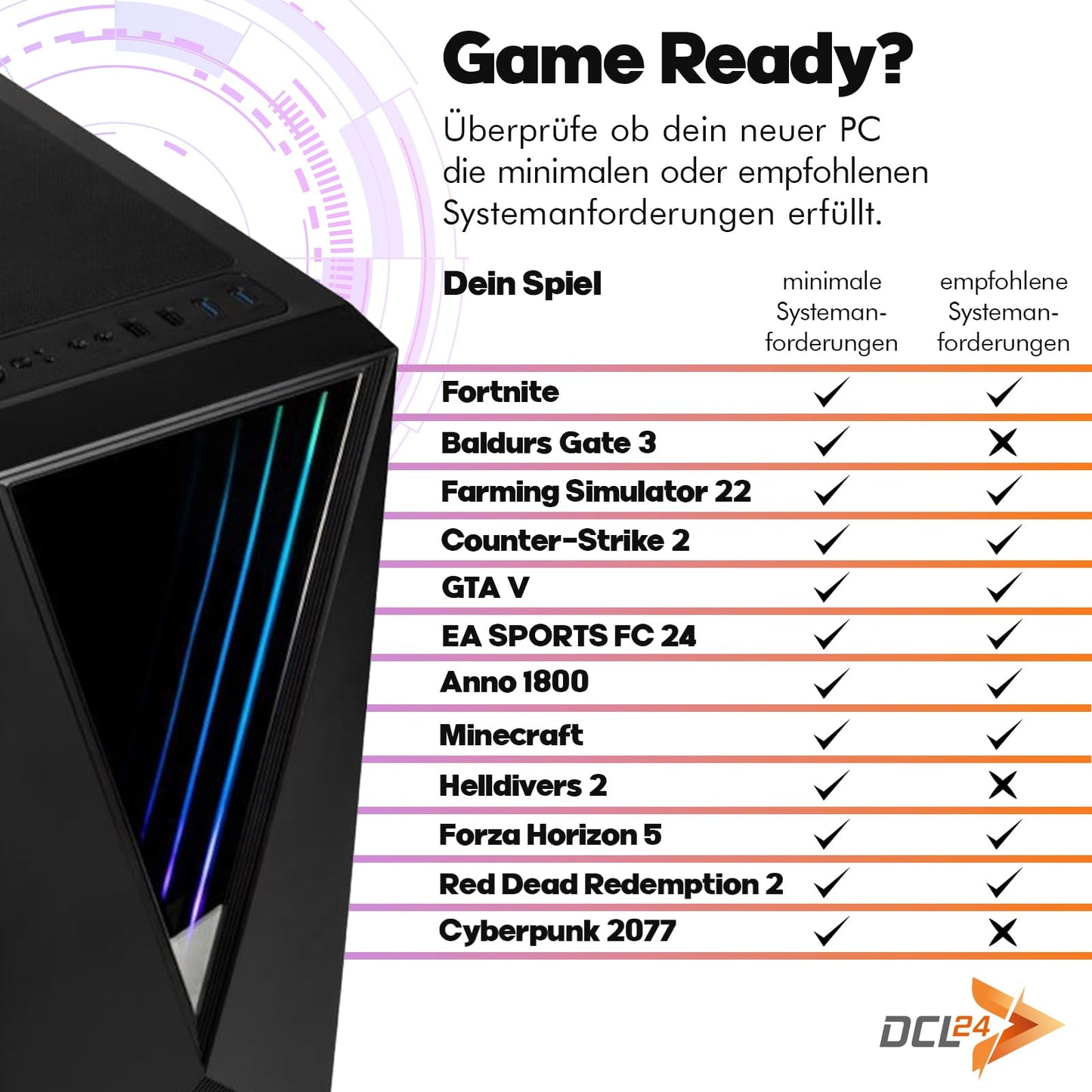 dcl24 Gaming PC Set i5-12400, RTX 3050 6GB, 16GB RAM, 500GB SSD, 24" Monitor