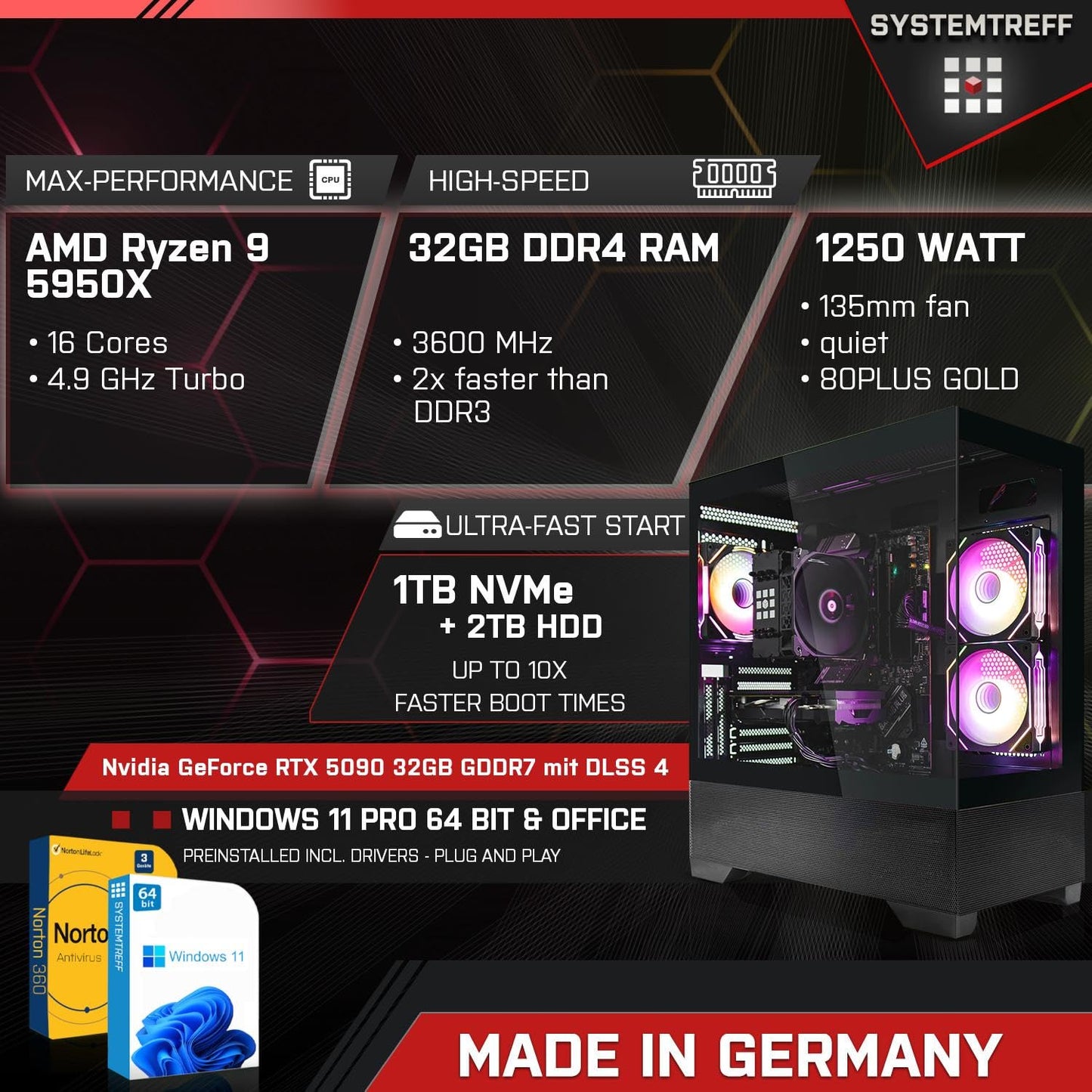 SYSTEMTREFF Gaming PC Ryzen 9 5950X, RTX 5090 32GB, 32GB DDR4, 1TB SSD + 2TB HDD, Win11